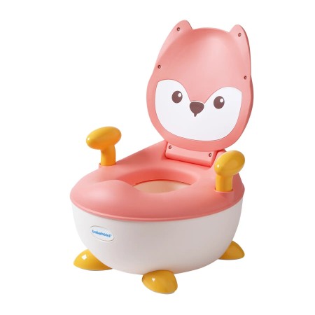 Olita pentru Copii, Flippy, +6 luni, Compartiment Detasabil, cu Capac, Antiderapanta, din Plastic, Colac Moale, Model Animat Vulpe, cu Maner, 34.5 x 35 x 23 cm, Roz/Alb