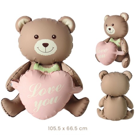 Balon din Folie Metalizata, Flippy, Figurina Animata, Model Ursulet cu Inimioare, 105.5 x 66.5 cm, Ambalaj Individual, Pai Inclus, Umflare cu Aer sau Heliu, Maro