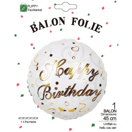 Balon din Folie Metalizata, Flippy, Mini Figurina Rotunda, Model Happy Birthday, Tema Aniversare, 45 cm, Ambalaj Individual, Pai inclus, Umflare cu Aer sau Heliu, Argintiu