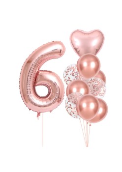 Set 10 Baloane Folie si Latex, Flippy, Tematica Aniversare, Baloane Latex 25cm, Figurina Inimioara 45 cm, Cifra 6 de 81 cm, Ambalaj Individual, Pai Inclus, Umflare cu Aer sau Heliu, Roz Pal