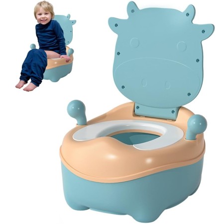 Olita pentru Copii, Flippy, +1an, Portabila, Model Vacuta, cu Capac, Prietenoasa, Non-Toxic, Compartiment Detasabil, cu Manere, cu 4 Picioare, Usor de Curatat, Albastru