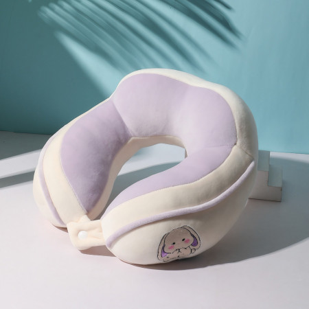 Pernă de Călătorie pentru Gât și Cap, Design Ergonomic, Umplutură Moale din Bumbac, Model Brodat Iepure, 28x28x10 cm, Lila