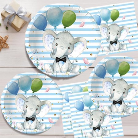 Set 10 Farfurii Unica Folosinta, Flippy, Imprimeu Elefant, din Carton, 22 cm, Albastru