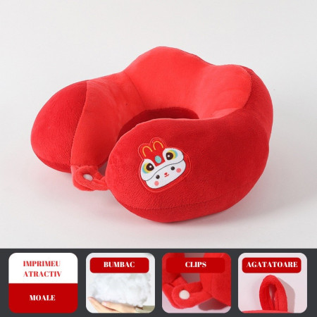 Pernă TravelBunny, Suport Ergonomic pentru Gât și Cap, Umplutură din Bumbac, Model Brodat Iepure, 28x28x10 cm, Roșu