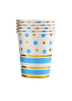 Set 10 Pahare, Flippy, Imprimeu cu Buline si Dungi, din Carton, 250 ml, 7.5 x 8.5 x 5.2 cm, Albastru/Auriu