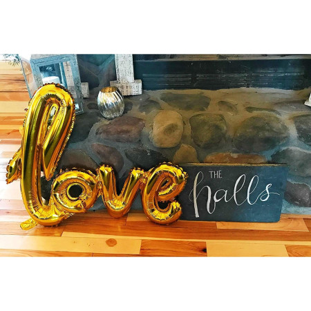 Balon din Folie Metalizata, Flippy, Model Love scris de mana, 102x65 cm, Tematica Ziua Îndrăgostiților, Ambalaj Individual, Pai Inclus, Umflare cu Aer sau Heliu, Auriu