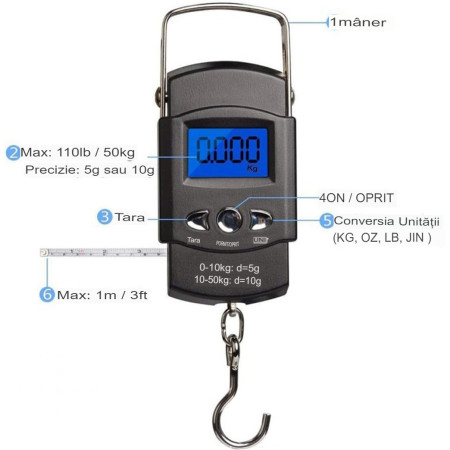 Cantar Digital de Mana, Capacitate 50 kg, Metru Incorporat, 20.5 x 6 x 2.5 cm, Negru