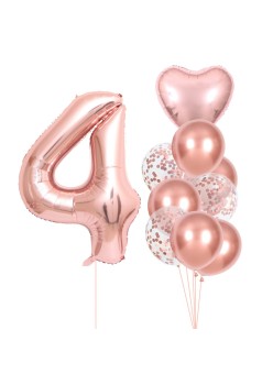Set 10 Baloane Folie si Latex, Flippy, Tematica Aniversare, Baloane Latex 25cm, Figurina Inimioara 45 cm, Cifra 4 de 81 cm, Ambalaj Individual, Pai Inclus, Umflare cu Aer sau Heliu, Roz Pal