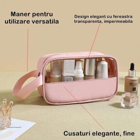 Geantă Cosmetice Voiaj, Impermeabilă, PVC/Textil, Portabilă, Roz, 22x12x8 cm