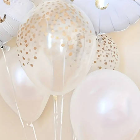 Set 12 Baloane din Folie Metalizata si din Latex, Flippy, Model Mr Mrs, Tema Nunta, Baloane Party cu Confetti, 45 cm, 30 cm, Pai inclus, Umflare cu Aer sau Heliu, Alb/Auriu