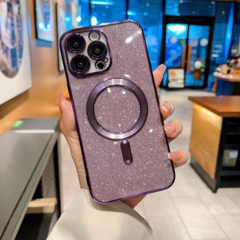 Husa de Protectie 2 in 1, Flippy, pentru iPhone 14 Plus, Glitter Chrome Magsafe, din TPU, Magnetica, cu Protectie Lentila, Mov