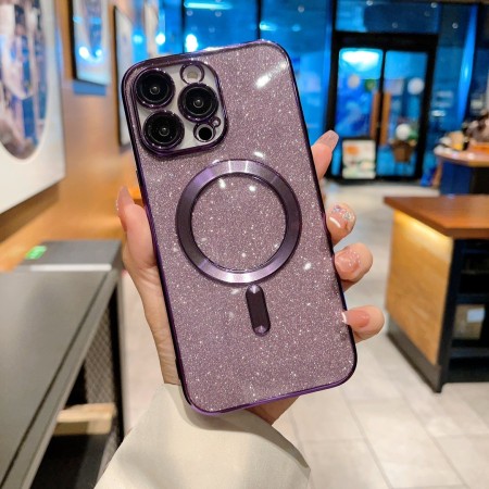 Husa de Protectie 2 in 1, Flippy, pentru iPhone 14 Plus, Glitter Chrome Magsafe, din TPU, Magnetica, cu Protectie Lentila, Mov