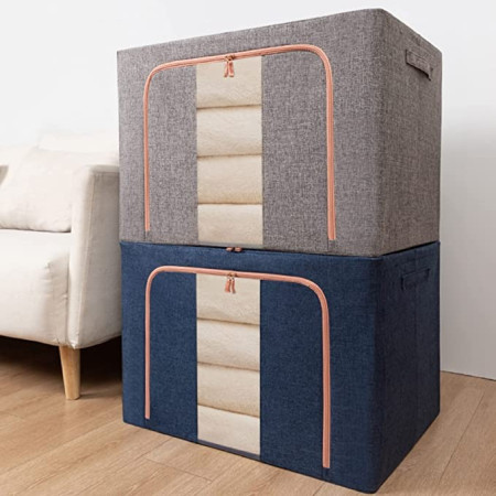 Cutie de Depozitare Pliabilă, 24L, Bumbac & In, 40x30x20 cm, Fereastră Transparentă, 2 Uși cu Fermoar, Cadru Metalic, Bază Stabilă, Albastru Marin