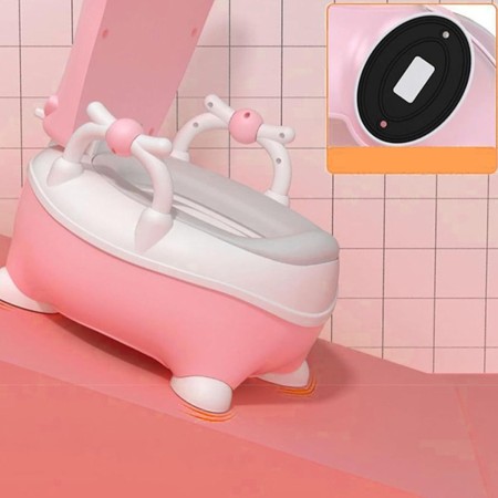 Olita pentru Copii, Flippy, +1an, Portabila, Design Vacuta cu Capac, Model Prietenos, Non-Toxic, cu Manere, Compartiment Detasabil, Perie Inclusa, Usor de Curatat, Roz