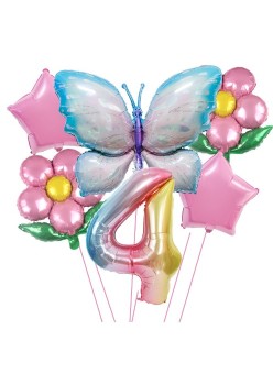 Set baloane aniversare cu numere, din folie de aluminiu, 6 piese, 2 flori, 2 stelute, 1 fluture, 1 cifra, Multicolor, Cifra 4