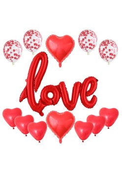Set 13 Baloane din Folie Metalizata si din Latex, Flippy, Figurine Litere si Inima, Model Love, Tema Ziua Indragostitilor, Baloane Party cu Confetti, 102x65cm, 45 cm, 30 cm, Pai Inclus, Umflare cu Aer sau Heliu, Rosu