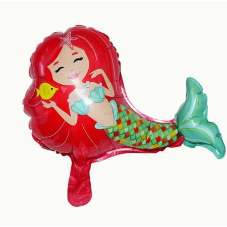 Balon din Folie Metalizata, Flippy, Mini Figurine, Model Sirena cu Par Rosu, Tematica Aniversare, 39x37 cm, Ambalaj Individual, Pai Inclus, Umflare cu Aer sau Heliu, Multicolor