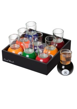 Set 9 pahare de shot Flippy, cu suport tip bila de biliard, detasabil, 30 ml, din sticla, 17 x 17 x 10 cm, multicolor