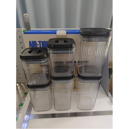Cutii de Depozitare Alimente, Flippy, Set din 6 Cutii de tip Container, Recipiente pentru Cereale in Bucatarie,  Transparente cu Capac Negru