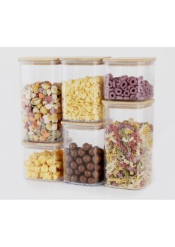 Set 6 cutii depozitare, Flippy, Bamboo lid si PS, 2pc 0.5L, 2pc 0.8L, 2pc 1.2L, 1230g, Transparente, Capac maro
