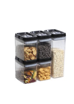 Cutii de Depozitare Alimente, Flippy, Set din 5 Cutii de tip Container, Recipiente pentru Cereale in Bucatarie,  Transparente cu Capac Negru