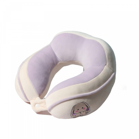 Pernă de Călătorie pentru Gât și Cap, Design Ergonomic, Umplutură Moale din Bumbac, Model Brodat Iepure, 28x28x10 cm, Lila