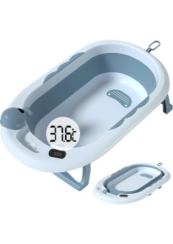 Cada Baie Pliabila pentru Copii 0-6 Ani – Albastra, Cu Termometru, Perna Suport, Model Balena, 81.5 x 49 x 21.5 cm