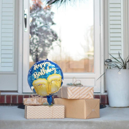 Balon din Folie Metalizata, Flippy, Mini Figurina Rotunda, Model Halbe de Bere, Happy Birthday, Tematica Aniversare, 45 cm, Ambalaj Individual, Pai Inclus, Umflare cu Aer sau Heliu, Albastru