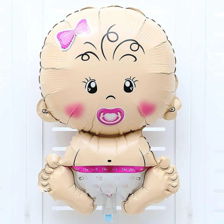 Balon din Folie Metalizata, Flippy, Figurina Fetita, Tema Botez, 73x48 cm,  Ambalaj Individual, Pai Inclus, Umflare cu Aer sau Heliu, Roz
