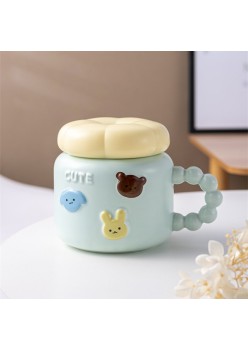 Cana ceramica, Flippy, Model Cute, cu capac, Albastru Deschis