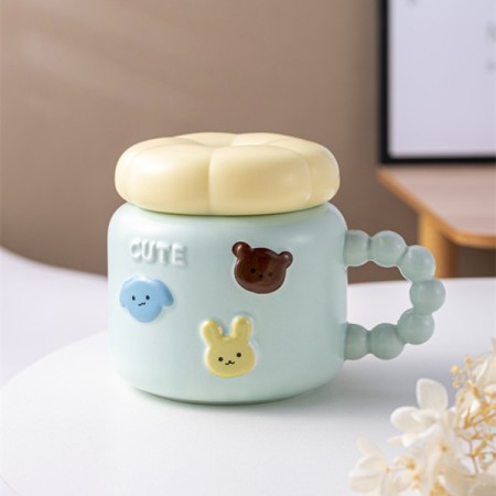 Cana ceramica, Flippy, Model Cute, cu capac, Albastru Deschis