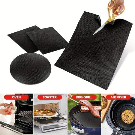 Folii Teflon Antiaderente pentru Orice tip de gratar, Rezistente la Apa si Temperaturi Ridicate, Reutilizabile, Cuptor, BBQ Grill, Set 4 buc., 40x33 cm, Negru