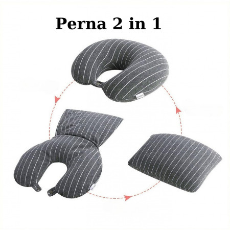 Pernă de Călătorie 2în1, Design Versatil cu Particule de Spumă cu Memorie, Confort Ergonomic, Gri