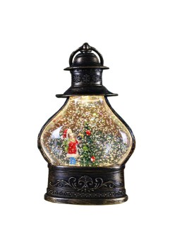 Decoratiune de Craciun tip Felinar, Flippy, Glob de Cristal cu Fulgi de Zapada, Model Elf, Ornamentat cu Luminite Interioare, 14.5 x 9 x 3 cm, Rama Neagra, Transparent