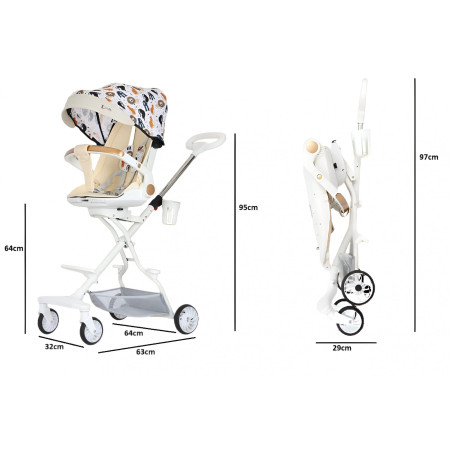 Cărucior Sport 3 în 1, Reversibil, Pliabil, Poziție Somn, Tavă Masă, Roti 360°, Suport Pahar, Copertină Soare, Crem Model Junglă, 6-36 Luni
