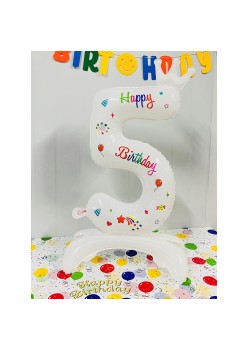 Balon din Folie Metalizata, Flippy, Figurina Cifra, Model 5 cu Happy Birthday Scris, Tema Aniversare 81 cm, Ambalaj Individual, Pai Inclus, Umflare cu Aer sau Heliu, Alb