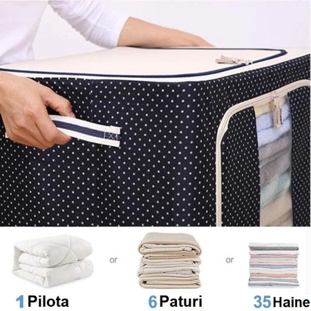 Cutie de Depozitare Pliabilă Premium, 100L, Țesătură Oxford Impermeabilă, Cadru Metalic, Fermoar Dublu, Fereastră Transparentă, Imprimeu cu Buline, 60x42x40 cm, Albastru Marin