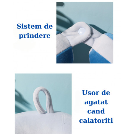 Pernă de Călătorie pentru Gât și Cap, Design Ergonomic, Umplutură Moale din Bumbac, Model Brodat Delfin, 28x28x10 cm, Albastru