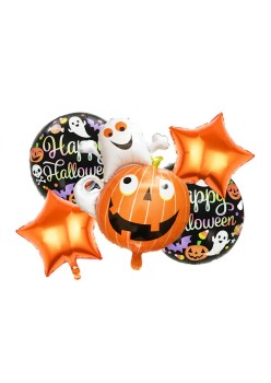 Set 5 Baloane din Folie Metalizata, Flippy, Figurine, Tema Halloween, Pai Inclus, Ambalaj Individual, Umflare cu Aer sau Heliu, Figurina Dovleac cu Fantoma 64x80 cm, Stelute si Cerculete 45 cm, Multicolor