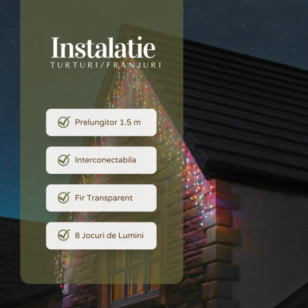 Instalatie Craciun Tip Franjuri/Turturi, 8 Jocuri de Lumini, Interconectabila, 4 m, 120 LED-uri, Prelungitor 1.5 m, Fir transparent, Multicolor