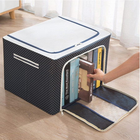 Cutie de Depozitare Pliabilă Premium, 100L, Țesătură Oxford Impermeabilă, Cadru Metalic, Fermoar Dublu, Fereastră Transparentă, Imprimeu cu Buline, 60x42x40 cm, Albastru Marin