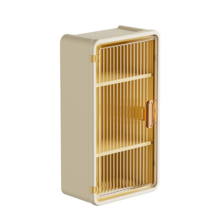 Organizator Cosmetice, Flippy, Montare pe Perete fara Perforare, 36.5x10.9x20 cm, cu 3 Rafturi, din PP si ABS, Bej, Usa Transparenta