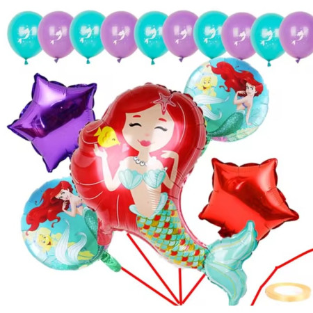 Balon din Folie Metalizata, Flippy, Mini Figurine, Model Sirena cu Par Rosu, Tematica Aniversare, 39x37 cm, Ambalaj Individual, Pai Inclus, Umflare cu Aer sau Heliu, Multicolor