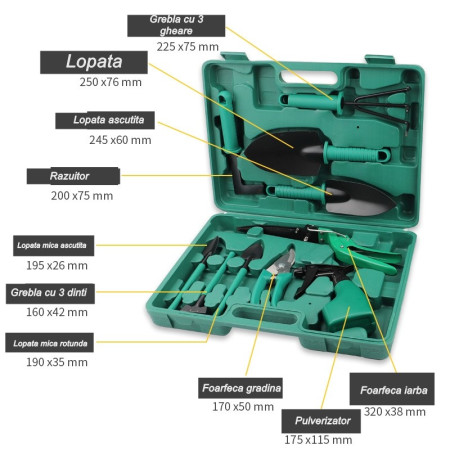 Set 10 Unelte de Grădină cu Geantă Depozitare, Oțel Inoxidabil, Accesorii Complete, 37 x 28 cm, Verde