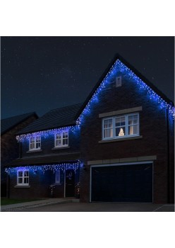 Instalatie Craciun Tip Franjuri/Turturi,  8 Jocuri de Lumini, Interconectabila, 12 m, 300 LED-uri, Prelungitor 1.5 m, Fir transparent, Albastru