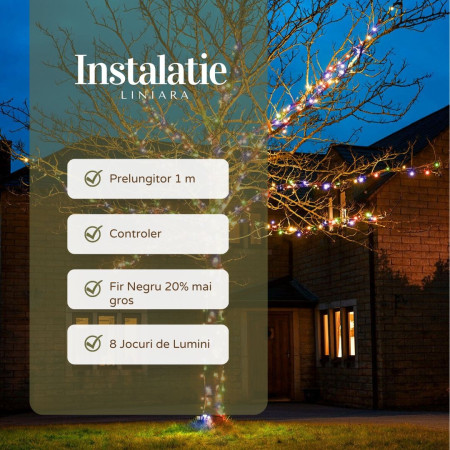 Instalatie de Craciun Liniara, 8 jocuri de lumini, 22 m, din care 1 m Prelungitor 220V, 300 LED, Controler, Fir Negru, multicolor