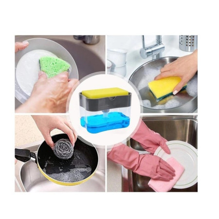 Dozator 2în1 pentru Detergent și Obiecte Sanitare, cu Suport pentru Burete, Capacitate 380ML, Design Compact și Modern, 14 x 10.5 x 10 cm, Gri