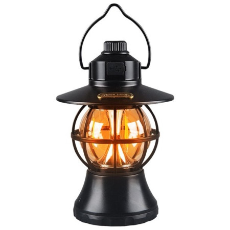 Lampă Camping Retro Portabilă Neagră, Felinar LED Vintage, 1200mAh, Reîncărcabilă, 3 Moduri Iluminare, Intensitate Reglabilă, 20 cm, Cârlig Agățare