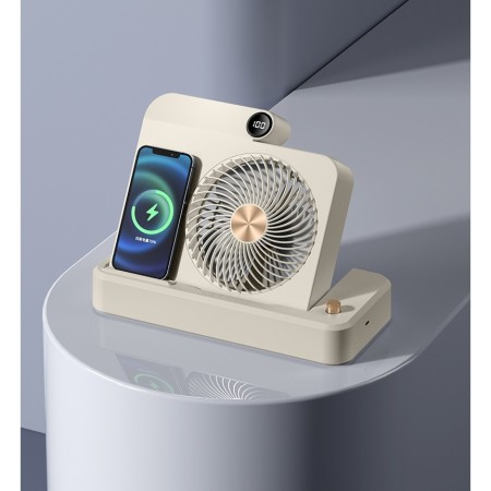 Ventilator 2in1, Flippy, Functie Incarcare Telefon Wireless, 100 Trepte de Viteza, 2400 mAh, 5V, 2A, 25 x 16.5 x 24 cm, Bej
