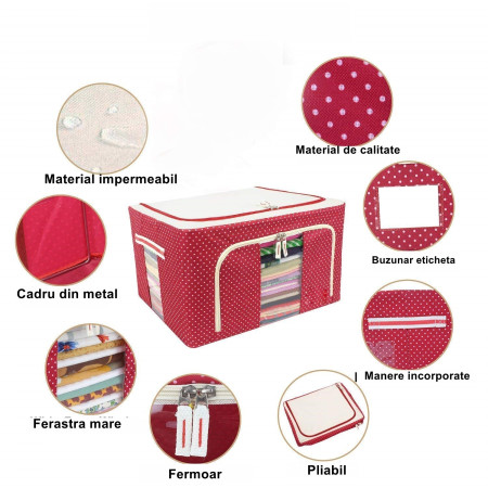 Cutie de Depozitare Pliabilă Premium, 100L, Textil Durabil, Cadru Metalic, Fermoar Rezistent, Fereastră Frontală, Imprimeu Punctat, 60x42x40 cm, Roșu